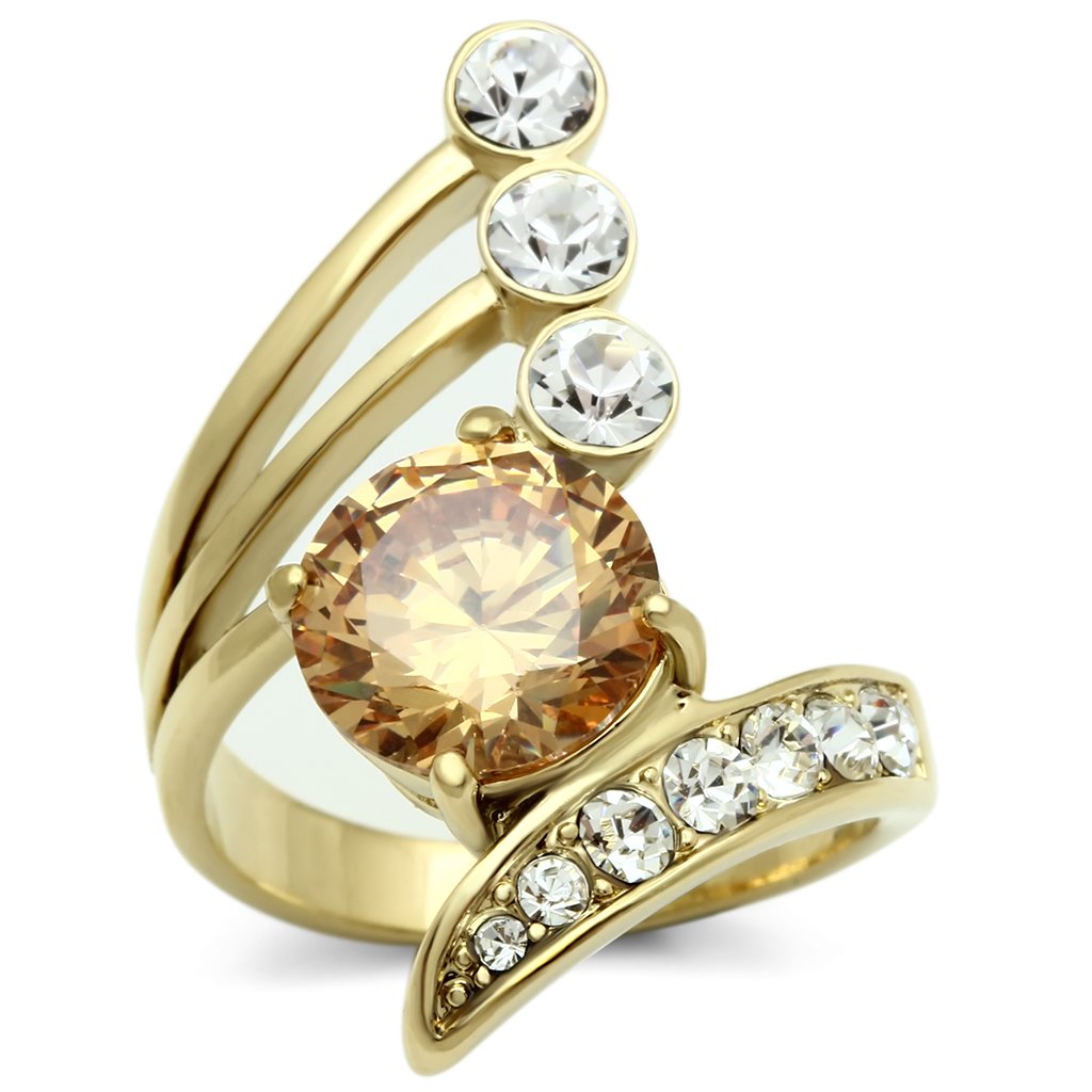 IP Gold(Ion Plating) Brass Ring with AAA Grade CZ in Champagne
