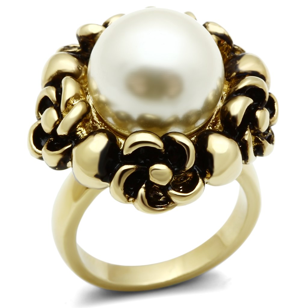 IP Gold(Ion Plating) Brass Ring with Synthetic Pearl in White