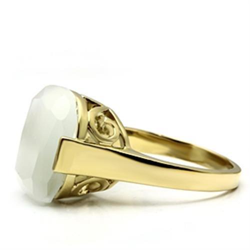IP Gold(Ion Plating) Brass Ring with Synthetic Cat Eye in White