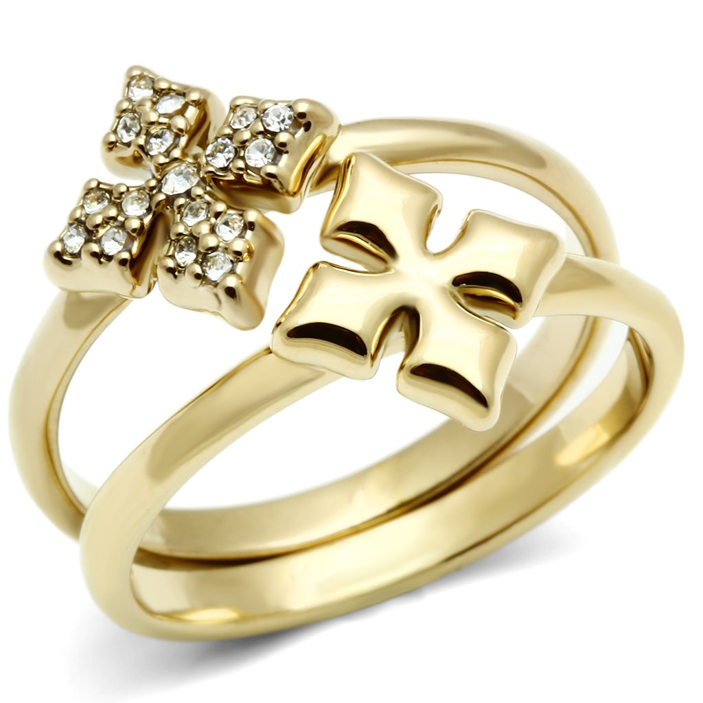 IP Gold(Ion Plating) Brass Ring with Top Grade Crystal in Clear