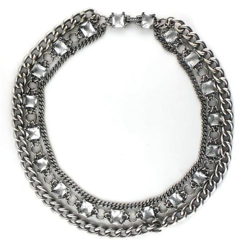 Antique Silver Brass Necklace with Synthetic Synthetic Glass in Clear