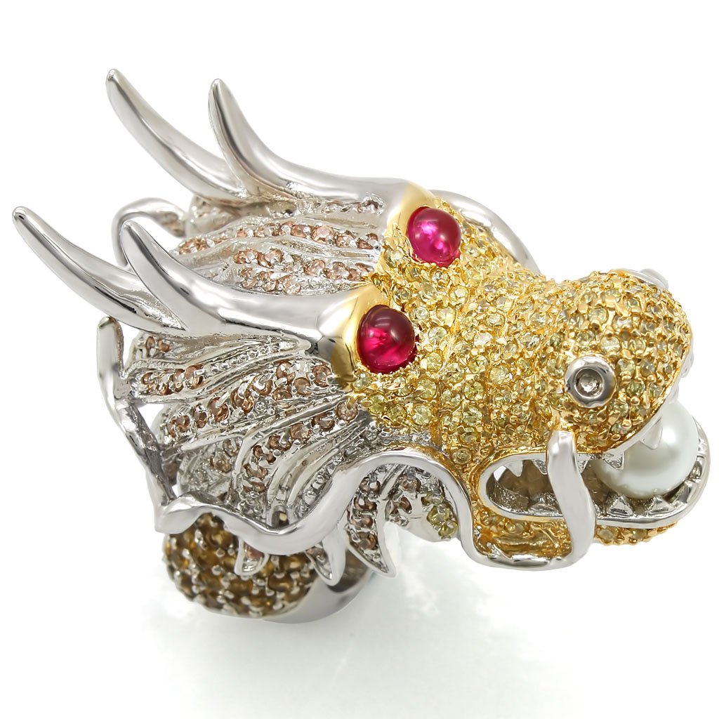 Reverse Two-Tone Brass Ring with Synthetic Glass Bead in White