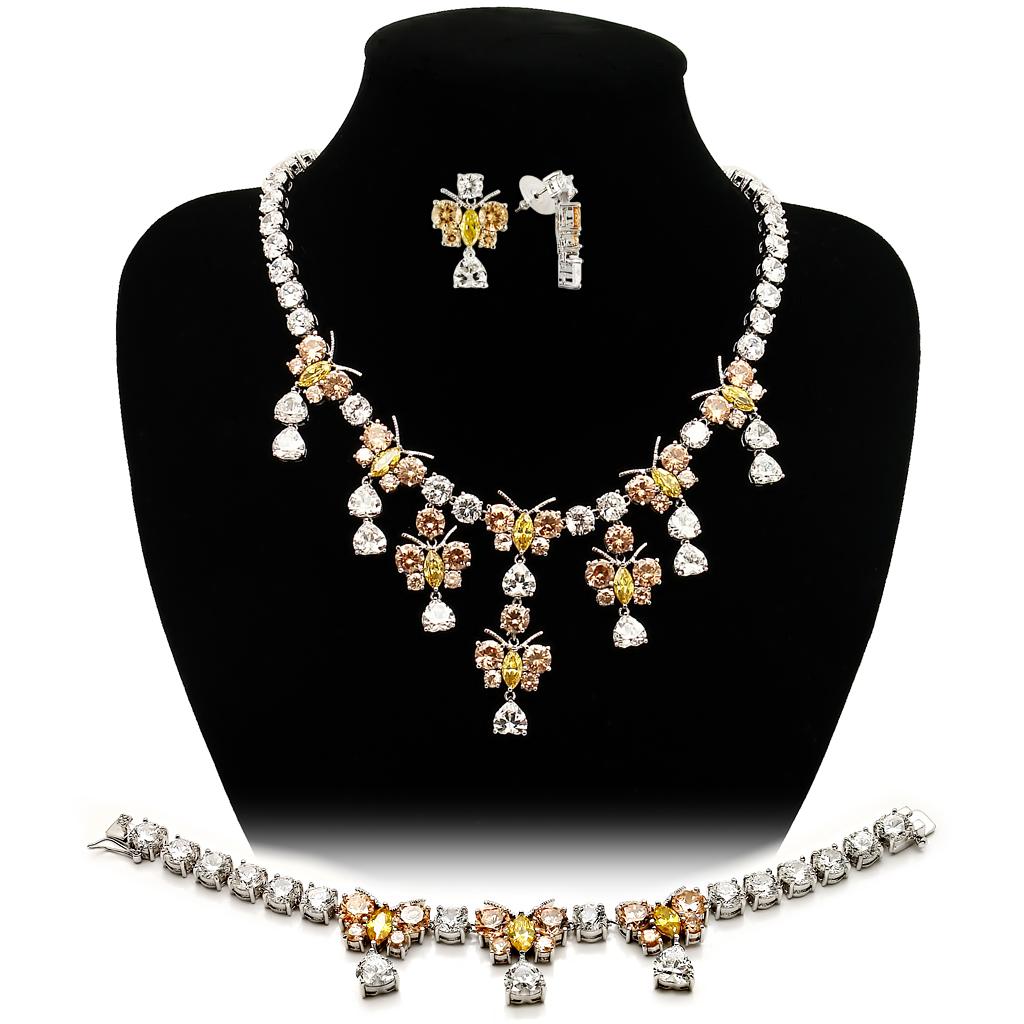 Rhodium Brass Jewelry Sets with AAA Grade CZ in Multi Color