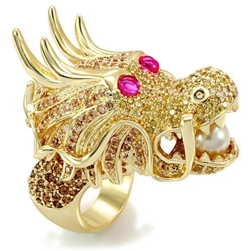 Imitation Gold Brass Ring with Synthetic Glass Bead in White