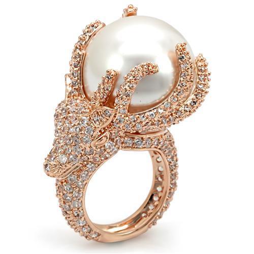 Rose Gold Brass Ring with Synthetic Pearl in White