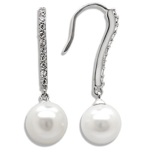 Rhodium Brass Earrings with Synthetic Pearl in White