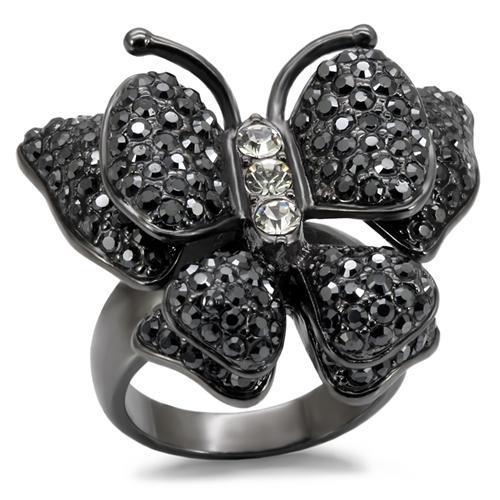 TIN Cobalt Black Brass Ring with Top Grade Crystal in Jet