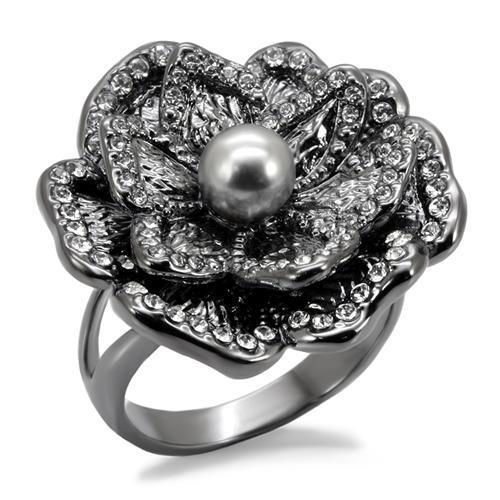 TIN Cobalt Black Brass Ring with Synthetic Pearl in Light Gray