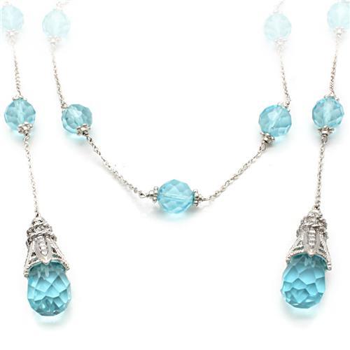 Rhodium White Metal Necklace with Synthetic Glass Bead in Sea Blue
