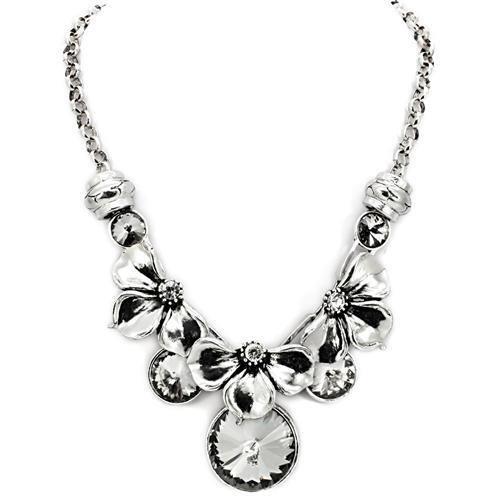 Antique Silver White Metal Necklace with Top Grade Crystal in Jet