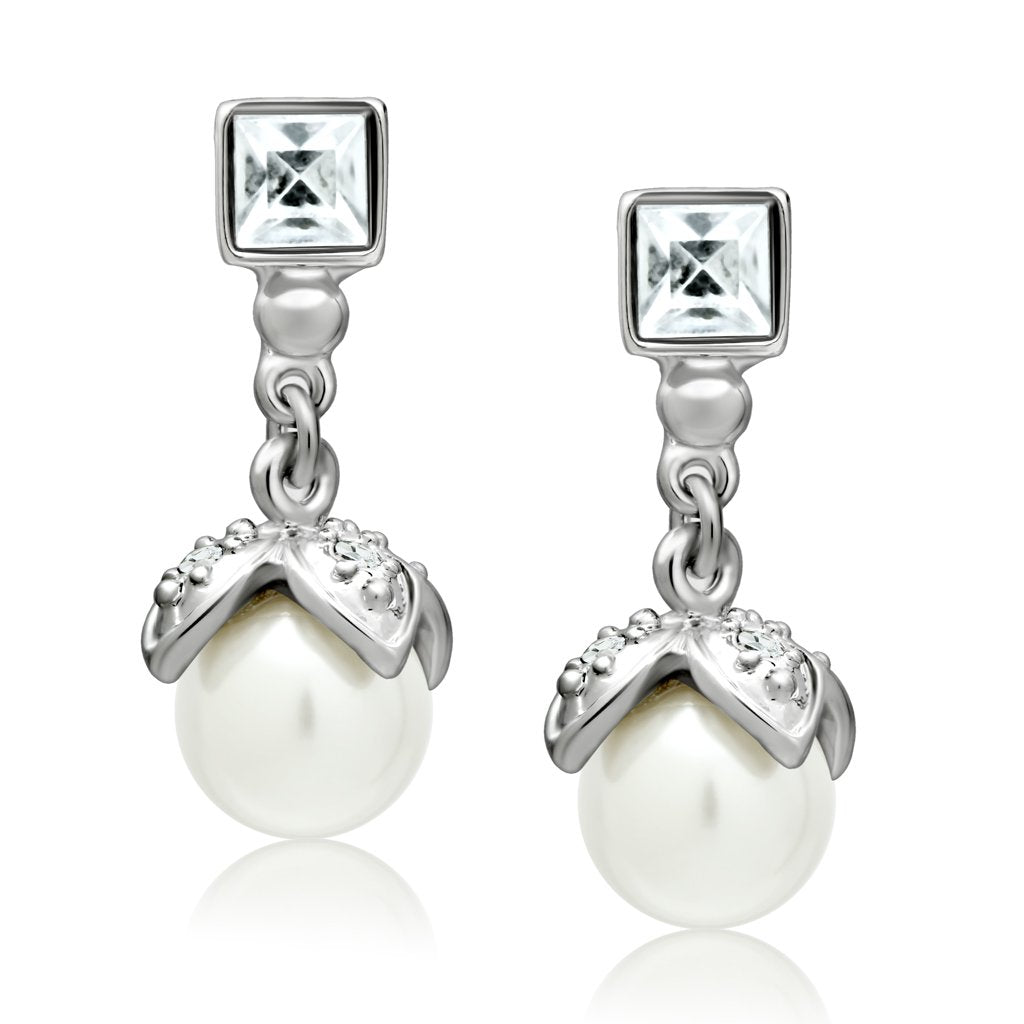 Rhodium White Metal Earrings with Synthetic Pearl in White