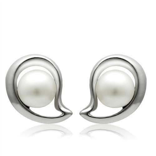 Rhodium White Metal Earrings with Synthetic Pearl in White
