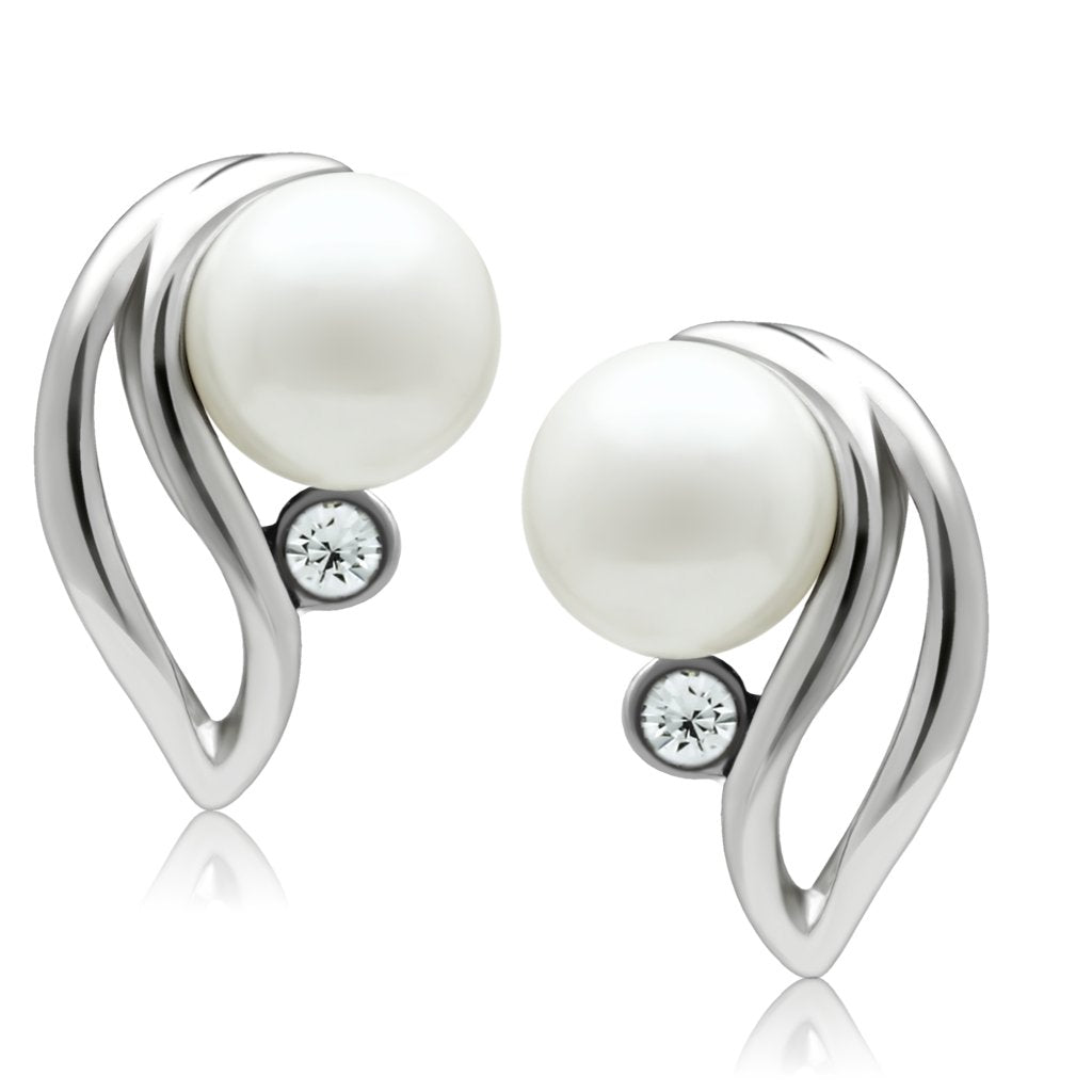 Rhodium White Metal Earrings with Synthetic Pearl in White
