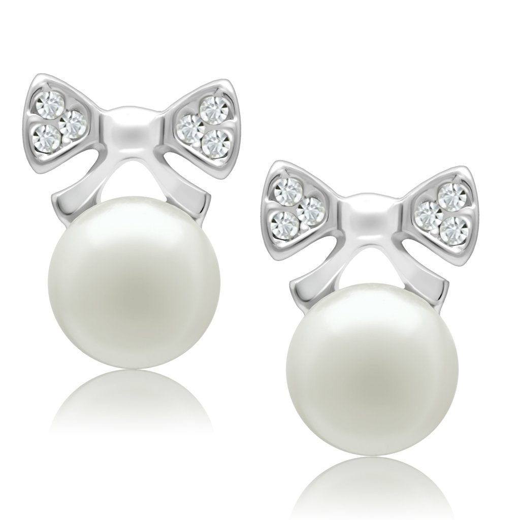 Rhodium White Metal Earrings with Synthetic Pearl in White