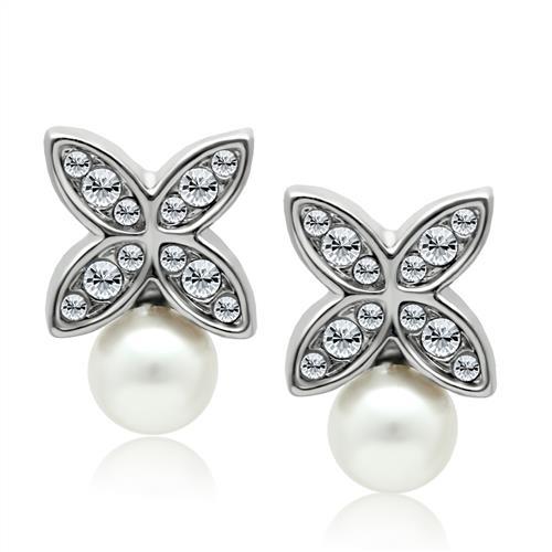 Rhodium White Metal Earrings with Synthetic Pearl in White