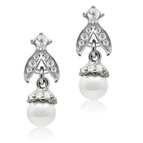 Rhodium White Metal Earrings with Synthetic Pearl in White
