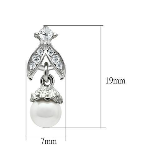 Rhodium White Metal Earrings with Synthetic Pearl in White