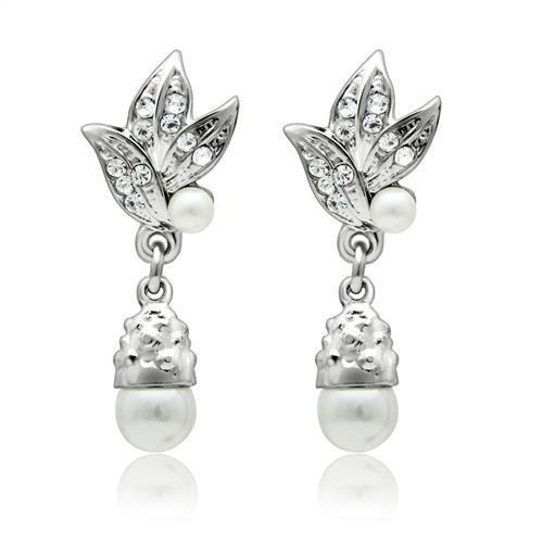 Rhodium White Metal Earrings with Synthetic Pearl in White