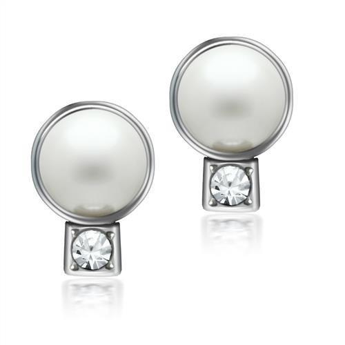 Rhodium White Metal Earrings with Synthetic Pearl in White