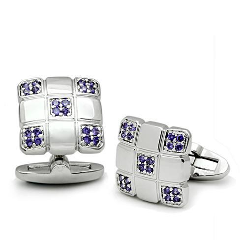 Rhodium Brass Cufflink with AAA Grade CZ in Amethyst