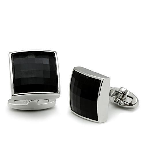 Rhodium Brass Cufflink with Synthetic Synthetic Glass in Jet