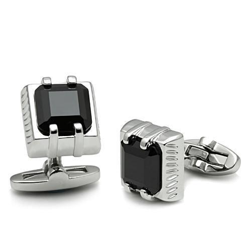 Rhodium Brass Cufflink with AAA Grade CZ in Jet