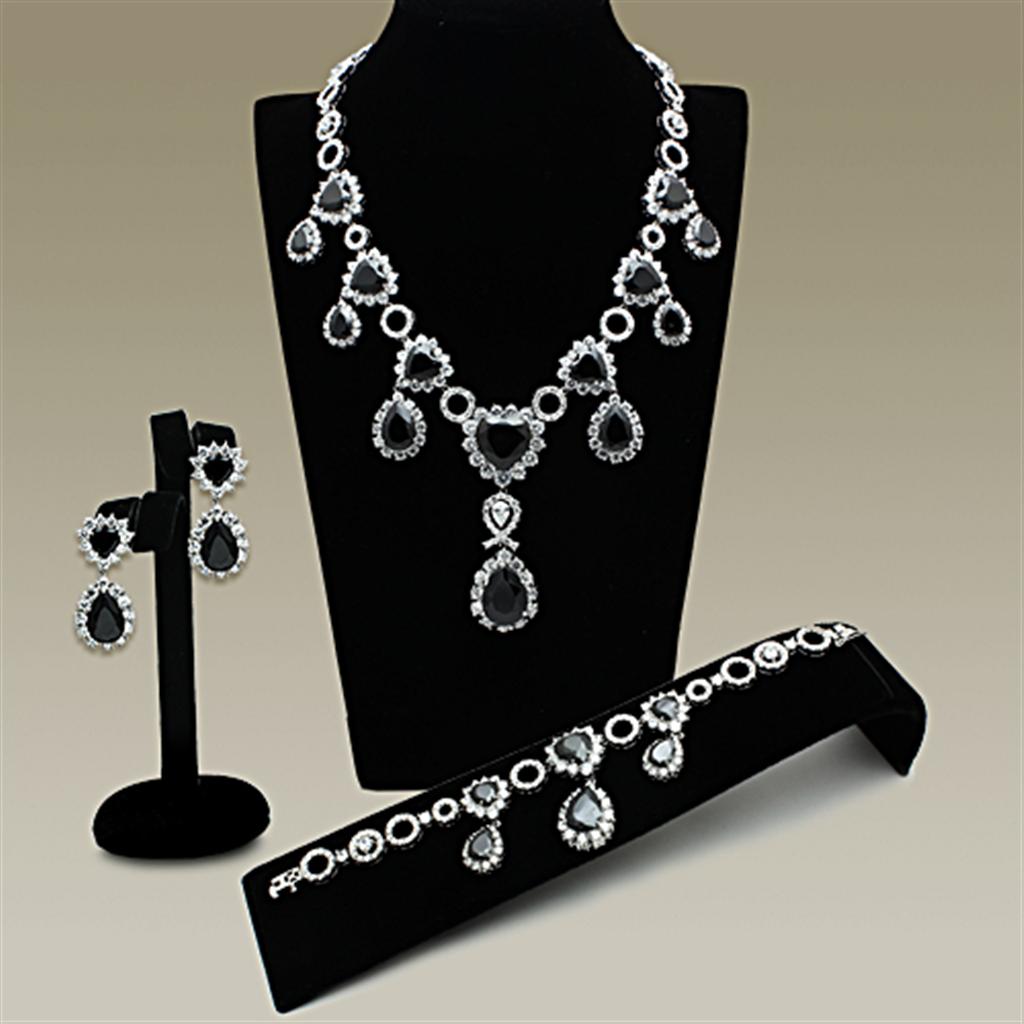 Rhodium Brass Jewelry Sets with AAA Grade CZ in Jet