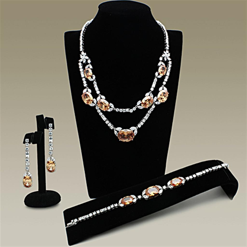 Rhodium Brass Jewelry Sets with AAA Grade CZ in Champagne
