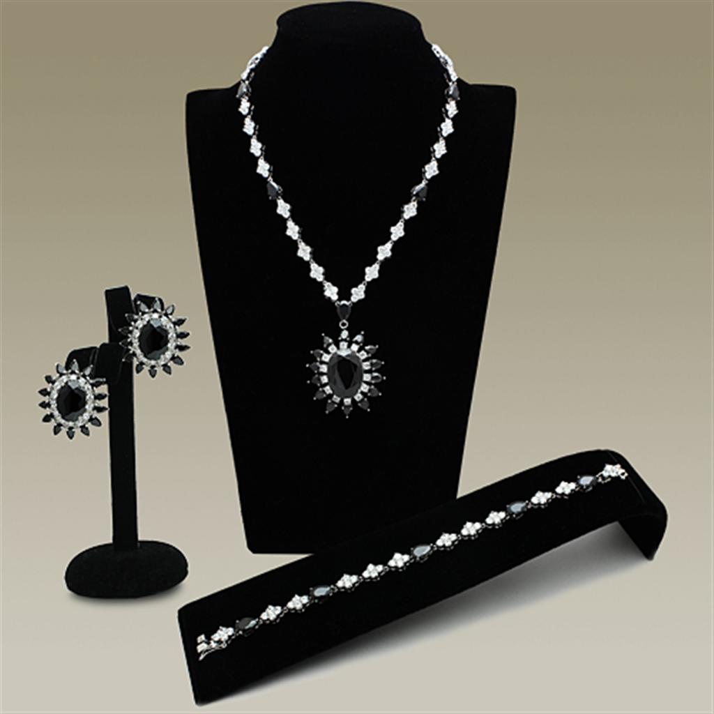 Rhodium Brass Jewelry Sets with AAA Grade CZ in Jet