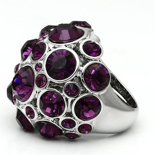 Rhodium Brass Ring with Top Grade Crystal in Amethyst