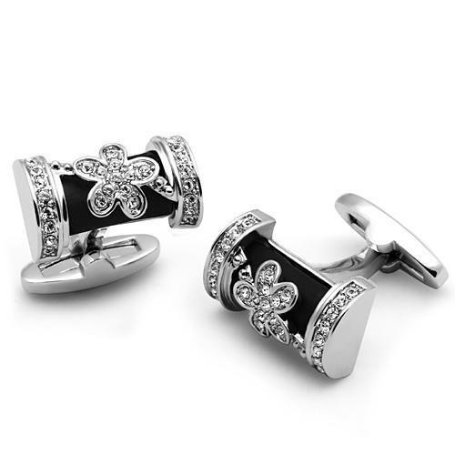 Rhodium Brass Cufflink with Top Grade Crystal in Clear