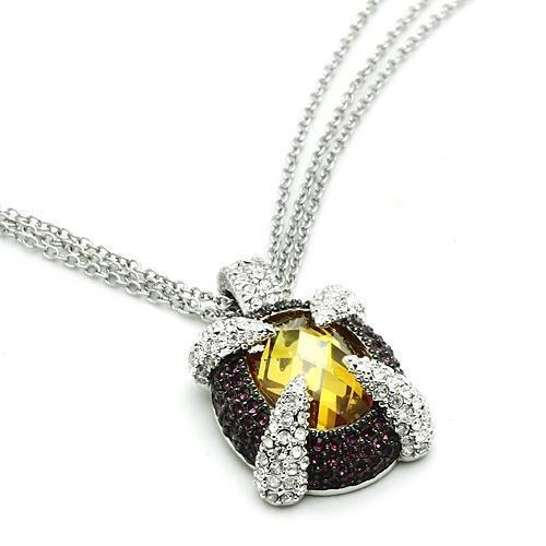 Rhodium+Hematite Brass Chain Pendant with AAA Grade CZ in Topaz