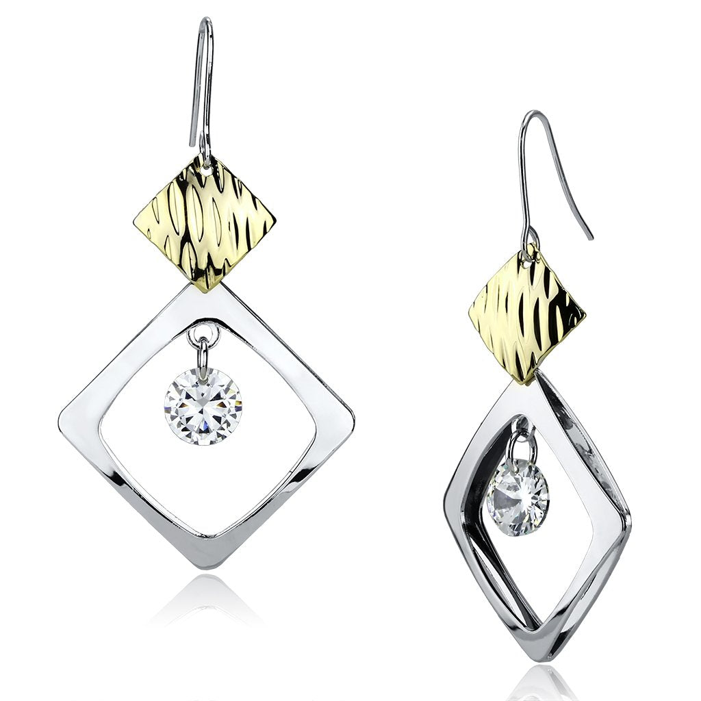 Gold+Rhodium Iron Earrings with AAA Grade CZ in Clear