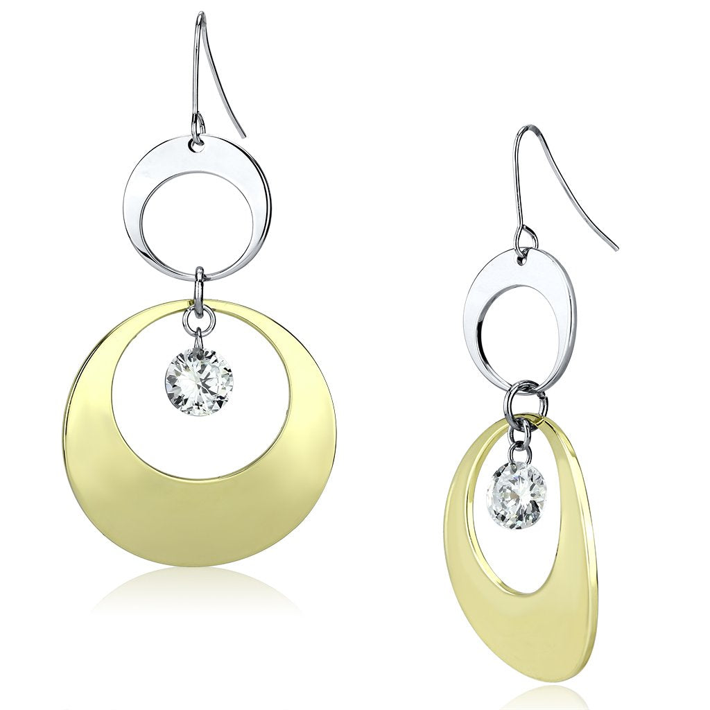 Gold+Rhodium Iron Earrings with AAA Grade CZ in Clear