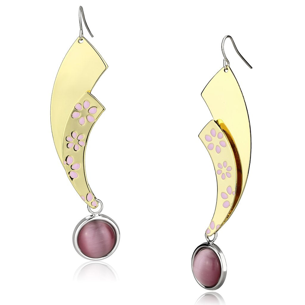 Gold+Rhodium Iron Earrings with Synthetic Cat Eye in Rose