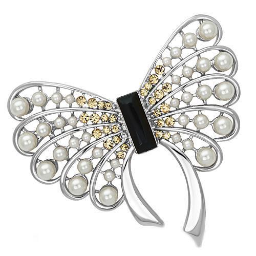 Imitation Rhodium White Metal Brooches with Synthetic Pearl in Jet