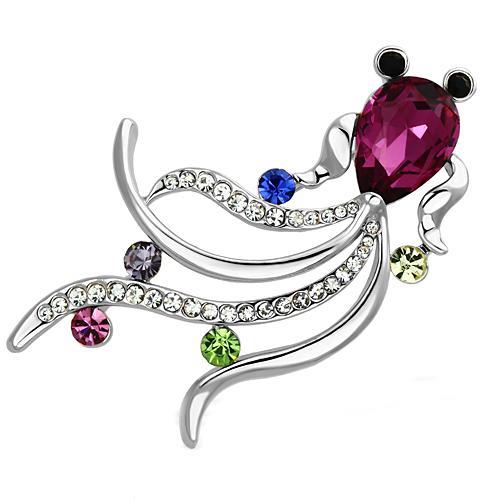Imitation Rhodium White Metal Brooches with Synthetic Glass Bead in Fuchsia
