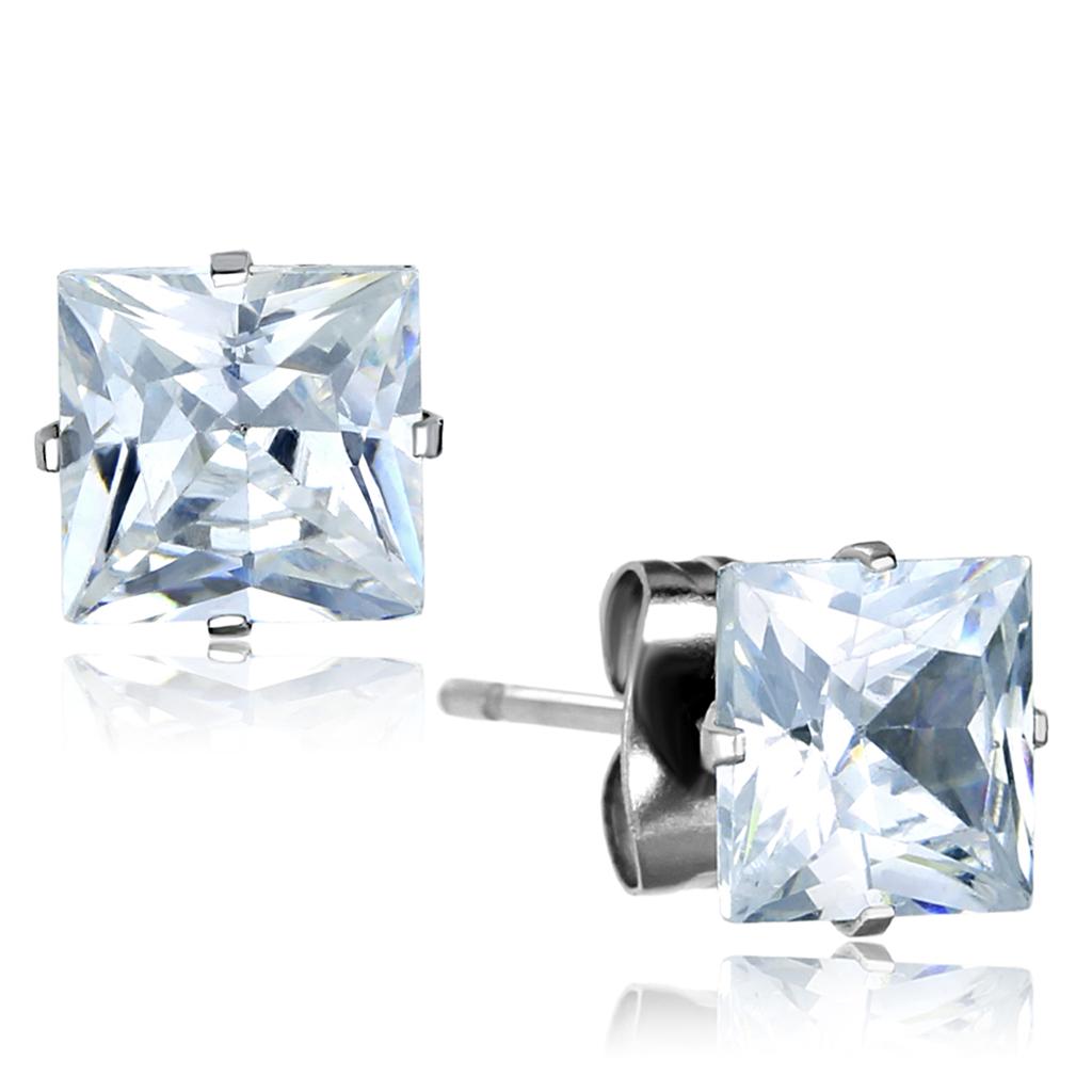 High polished (no plating) Stainless Steel Earrings with AAA Grade CZ in Clear