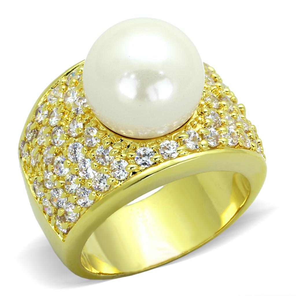 Gold Brass Ring with Synthetic Pearl in White