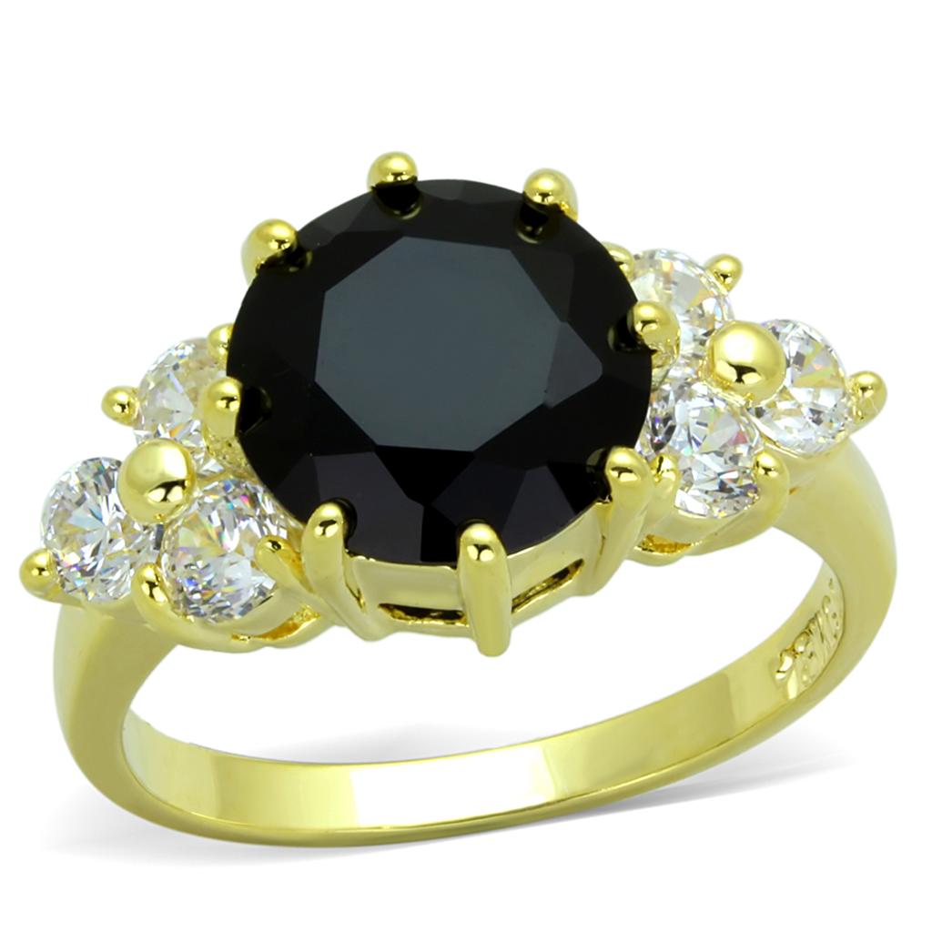 Gold Brass Ring with Synthetic Synthetic Glass in Jet