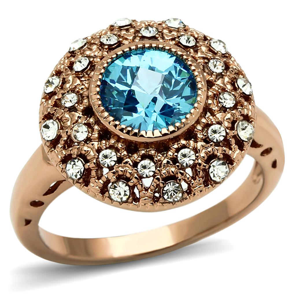 Rose Gold Brass Ring with AAA Grade CZ in Sea Blue