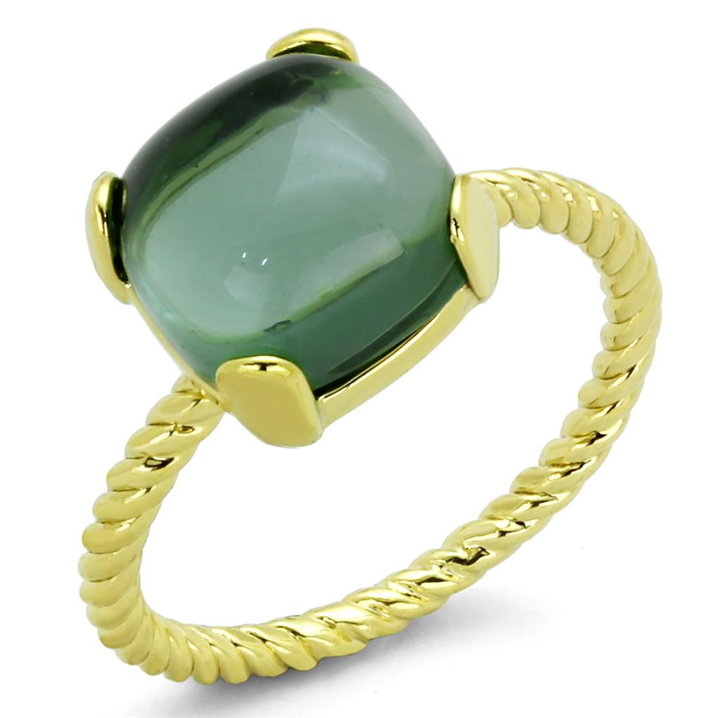Gold Brass Ring with Synthetic Synthetic Glass in Emerald