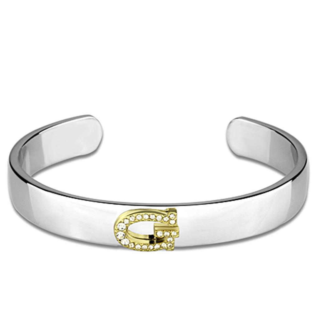 Reverse Two-Tone White Metal Bangle with Top Grade Crystal in Clear