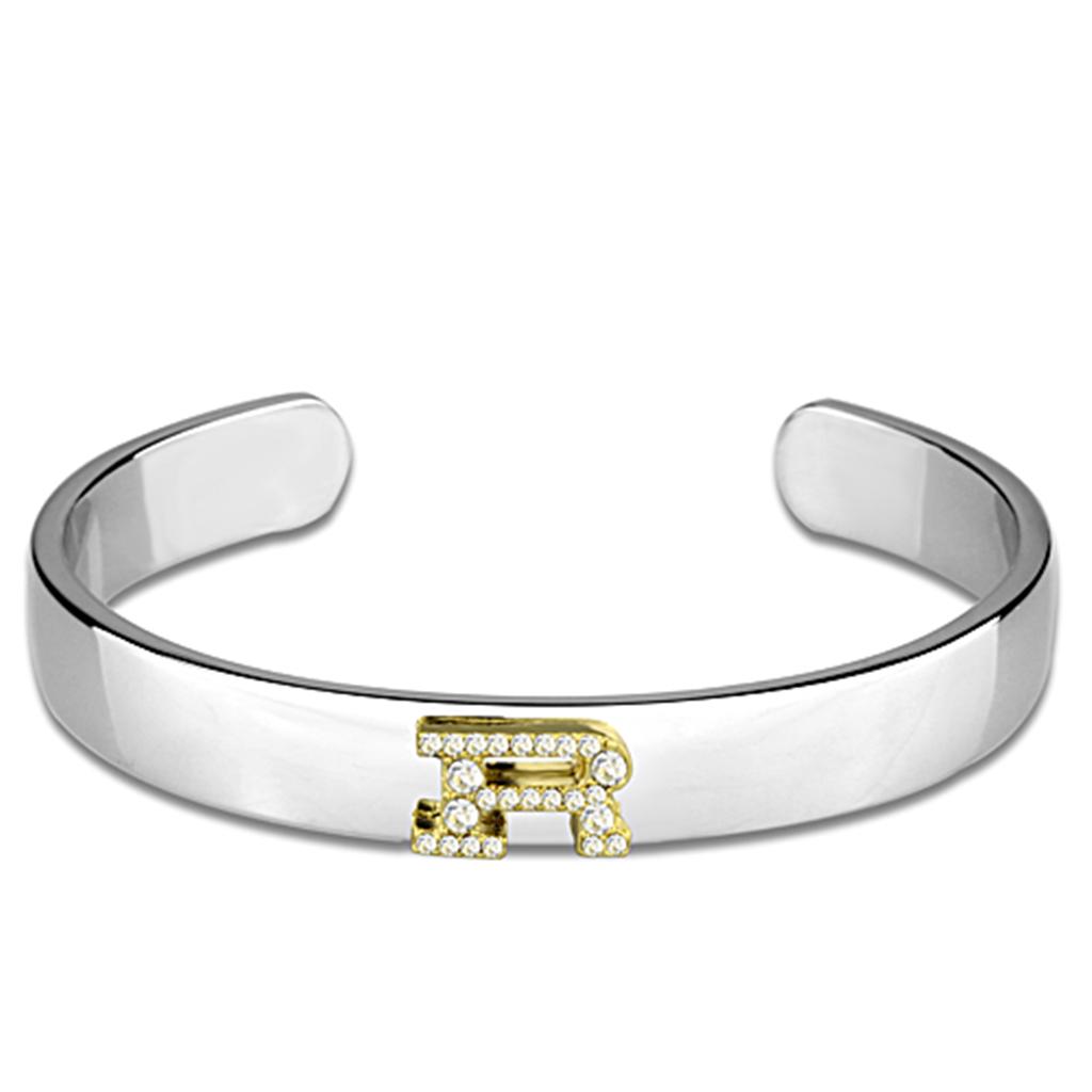 Reverse Two-Tone White Metal Bangle with Top Grade Crystal in Clear