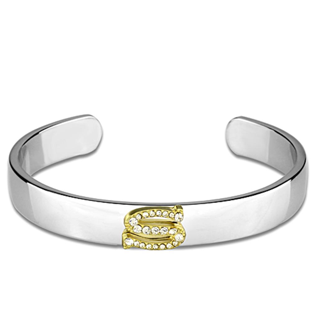 Reverse Two-Tone White Metal Bangle with Top Grade Crystal in Clear