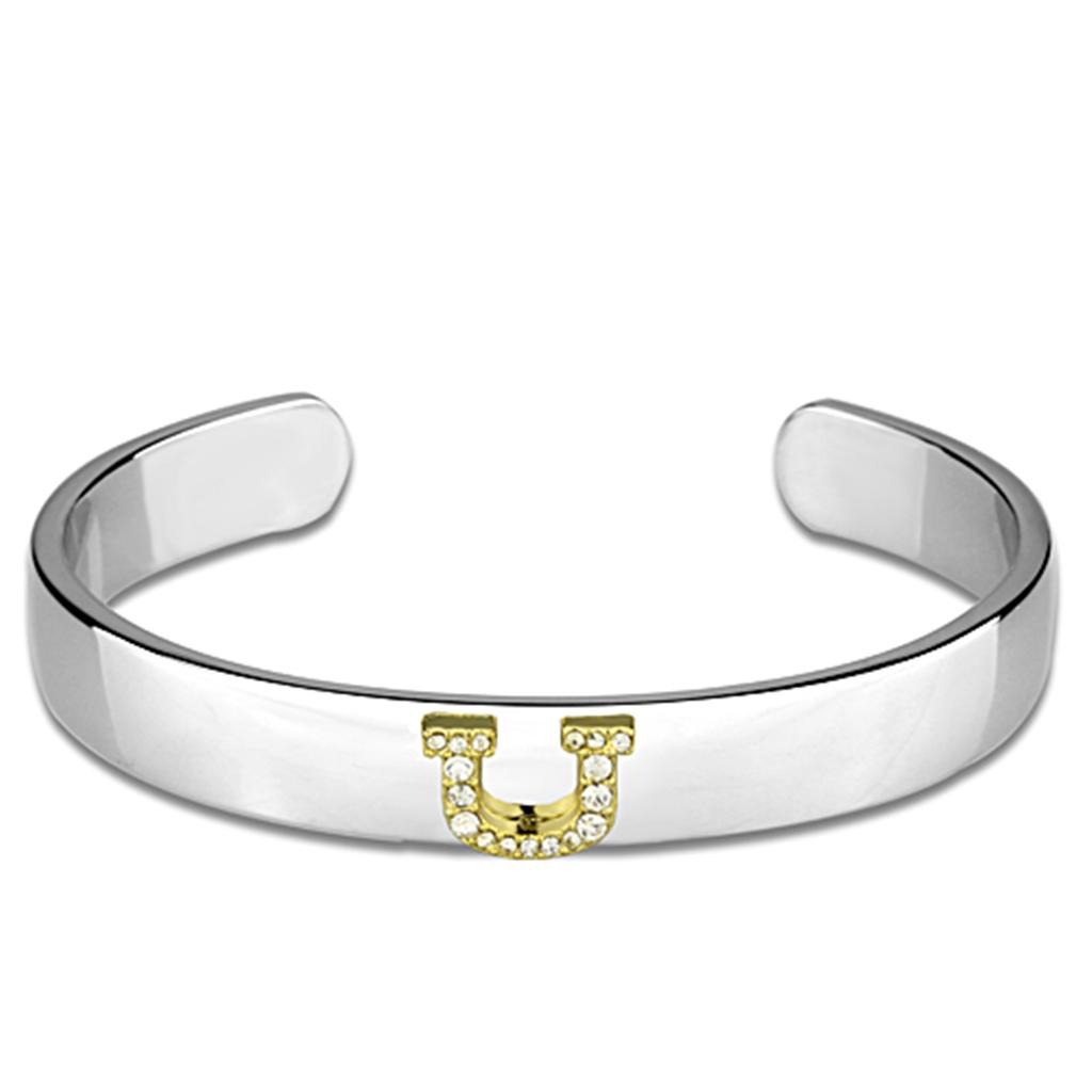 Reverse Two-Tone White Metal Bangle with Top Grade Crystal in Clear