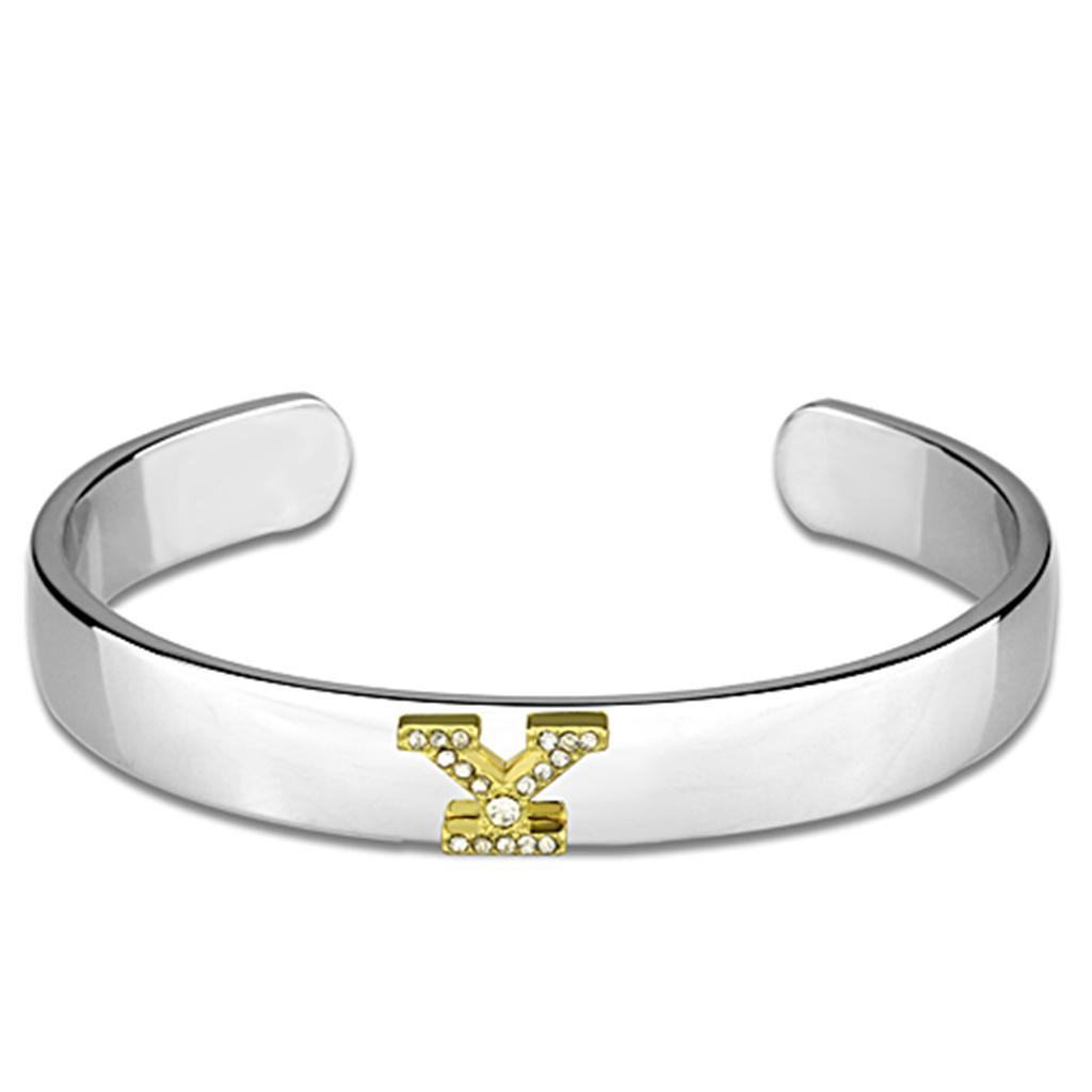 Reverse Two-Tone White Metal Bangle with Top Grade Crystal in Clear