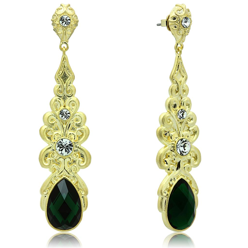 Gold & Brush Brass Earrings with Synthetic Synthetic Glass in Emerald