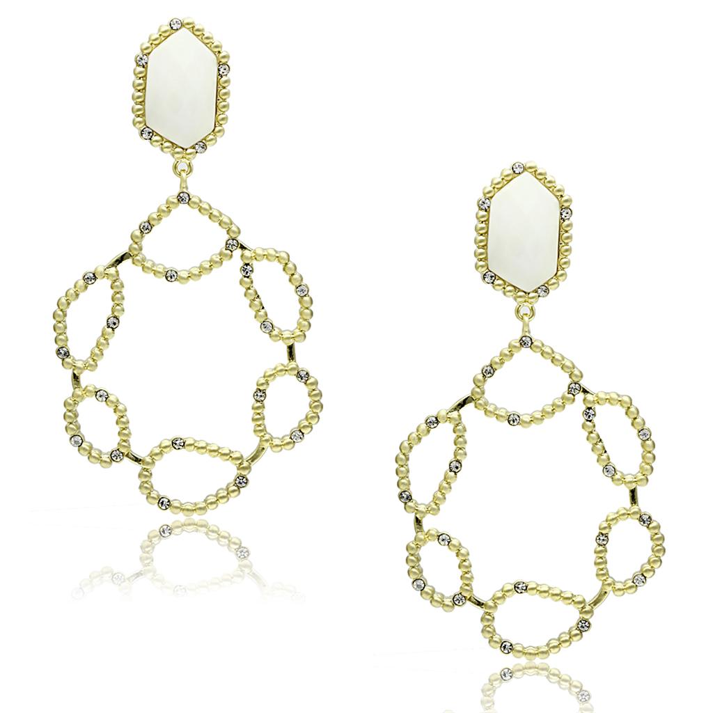 Gold & Brush Brass Earrings with Synthetic Synthetic Stone in White