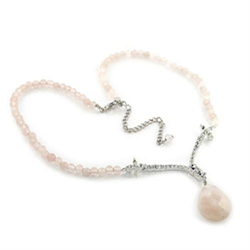 Silver Brass Chain Pendant with Precious Stone PINK CRYSTAL in Light Rose